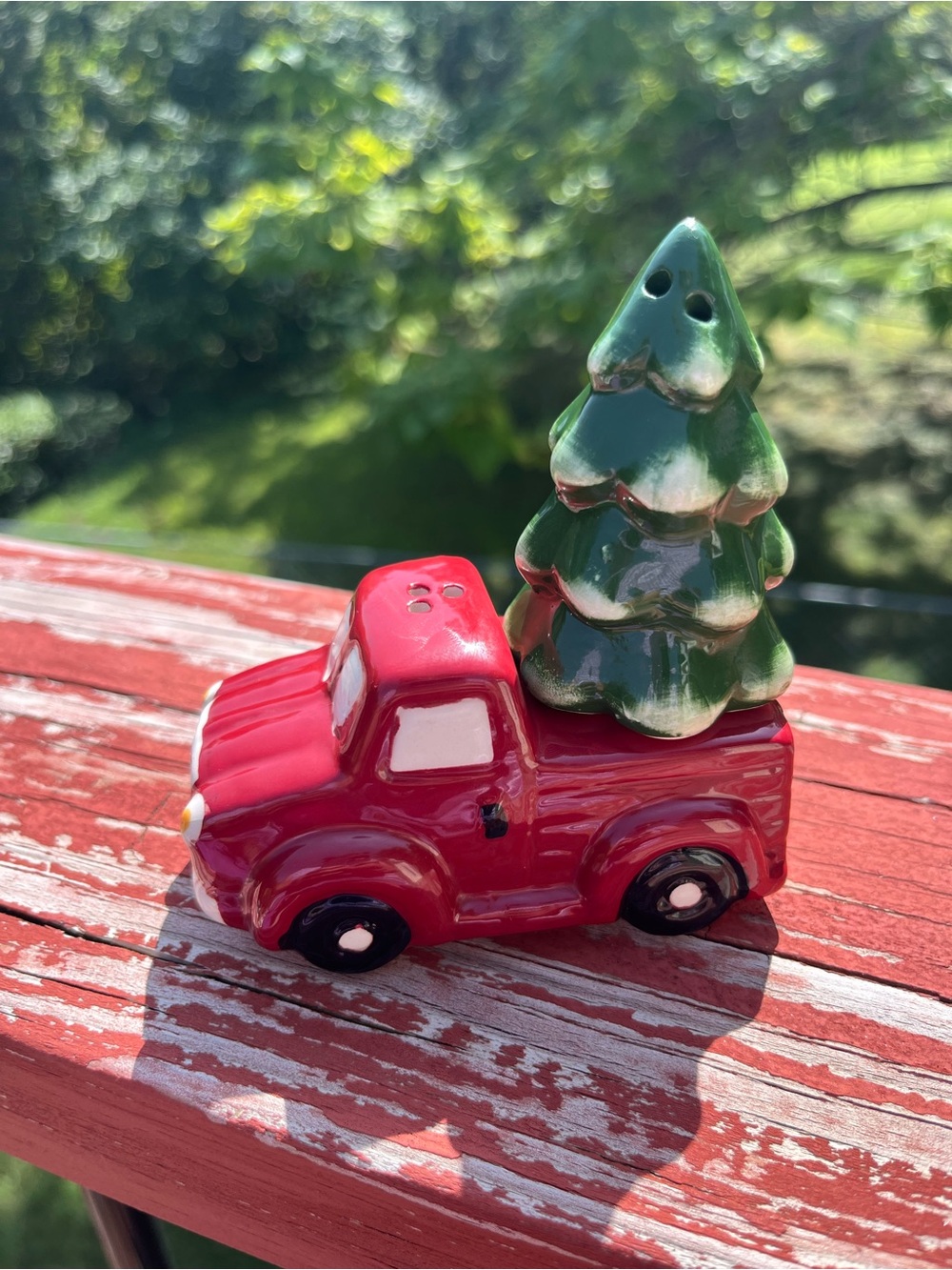 Red Ceramic Truck with Green Tree Holiday Salt & Pepper Shakers